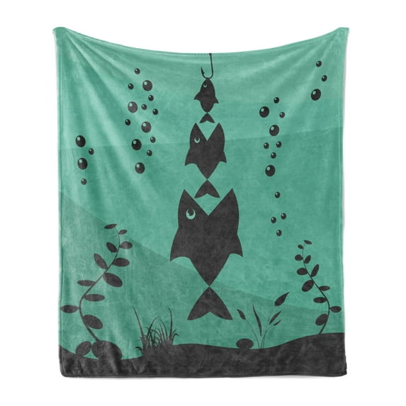 Fishing Soft Flannel Fleece Throw Blanket, Big Fish Eats Little Small in Bubbles Underwater Ocean Symbolic Food Theme, Cozy Plush for Indoor and Outdoor Use, 50" x 70", Teal Grey, by Ambesonne