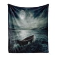 thumbnail image 1 of Fishing Soft Flannel Fleece Throw Blanket, Boat Drifting in Ocean Full Moon Dramatic Night Sky Life Hope Conceptrt, Cozy Plush for Indoor and Outdoor Use, 50" x 70", Dark Blue White, by Ambesonne, 1 of 6