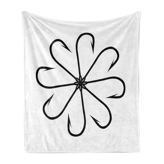 Fishing Soft Flannel Fleece Throw Blanket, Flower Shaped Artisan Steel Multi Hook Gaff in Row New Needle Device Print, Cozy Plush for Indoor and Outdoor Use, 60" x 80", White and Black, by Ambesonne