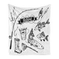 thumbnail image 1 of Fishing Soft Flannel Fleece Throw Blanket, Hand Drawn Tools Set Rod Salmon and Perch Bucket Net Float Ribbon Print, Cozy Plush for Indoor and Outdoor Use, 50" x 60", Black White, by Ambesonne, 1 of 5