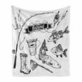 thumbnail image 1 of Fishing Soft Flannel Fleece Throw Blanket, Hand Drawn Tools Set Rod Salmon and Perch Bucket Net Float Ribbon Print, Cozy Plush for Indoor and Outdoor Use, 60" x 80", Black White, by Ambesonne, 1 of 6