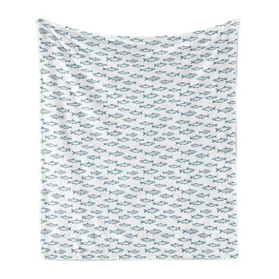 Fishing Soft Flannel Fleece Throw Blanket, Horizontally Drawn Fish Sketches Underwater Creatures Marine-Themed Layout, Cozy Plush for Indoor and Outdoor Use, 50" x 60", Slate Blue White, by Ambesonne