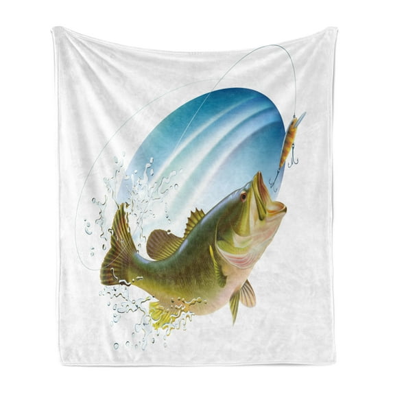 Fishing Soft Flannel Fleece Throw Blanket, Largemouth Sea Bass Catching a Bite in Water Spray Motion Splashing Wild Image, Cozy Plush for Indoor and Outdoor Use, 50" x 70", Green Blue, by Ambesonne