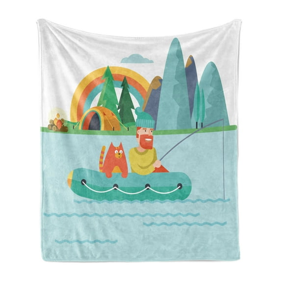 Fishing Soft Flannel Fleece Throw Blanket, Man Fishing and a Cat on a Boat with a Tent and a Forest on the Background, Cozy Plush for Indoor and Outdoor Use, 50" x 60", Multicolor, by Ambesonne