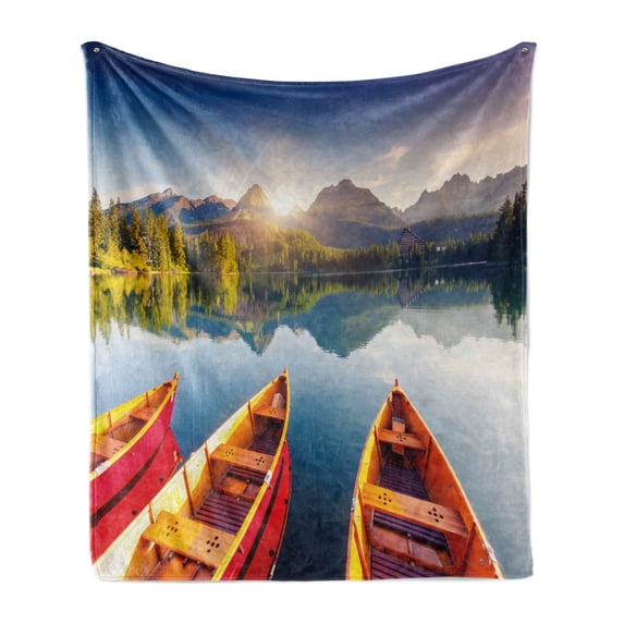 Fishing Soft Flannel Fleece Throw Blanket, Mountain Lake in National Park Slovakia Sailboats European Ecology Nature Print, Cozy Plush for Indoor and Outdoor Use, 70" x 90", Multicolor, by Ambesonne