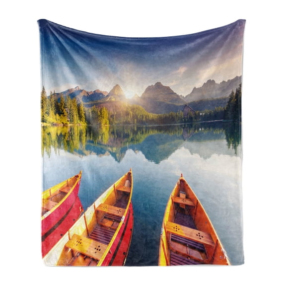 Fishing Soft Flannel Fleece Throw Blanket, Mountain Lake in National Park Slovakia Sailboats European Ecology Nature Print, Cozy Plush for Indoor and Outdoor Use, 50" x 70", Multicolor, by Ambesonne