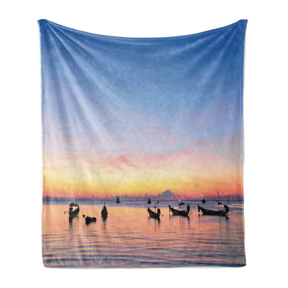 Fishing Soft Flannel Fleece Throw Blanket, Sunset on Sea with Silhouette Ships at Suratthani Bay Relaxation Art, Cozy Plush for Indoor and Outdoor Use, 50" x 60", Blue Yellow Coral, by Ambesonne