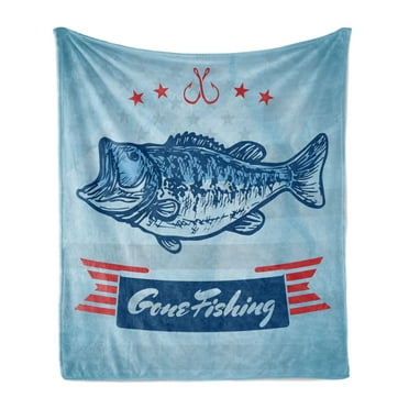 Fishing Soft Flannel Fleece Throw Blanket, Trout Fish Pictogram with USA National Flag Theme Background Hook and Stars, Cozy Plush for Indoor and Outdoor Use, 50" x 70", Multicolor, by Ambesonne