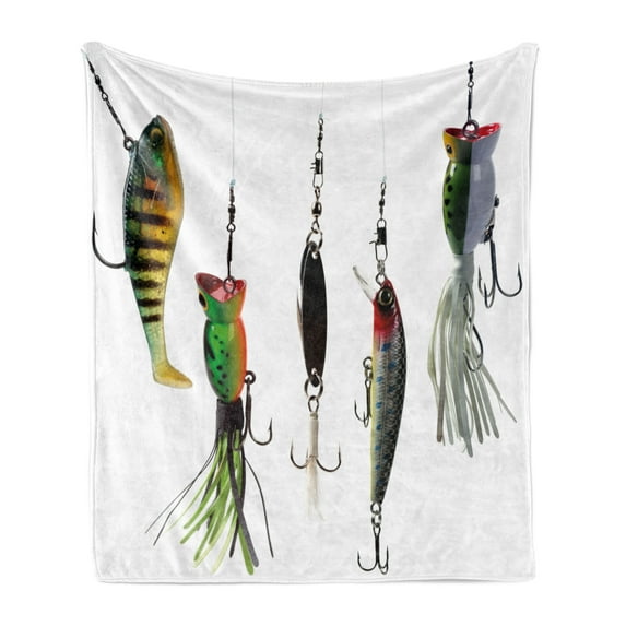 Fishing Soft Flannel Fleece Throw Blanket, Various Type of Fishing Baits Hobby Leisure Passtime Sports Hooks Catch Elements, Cozy Plush for Indoor and Outdoor Use, 50" x 60", Multicolor, by Ambesonne