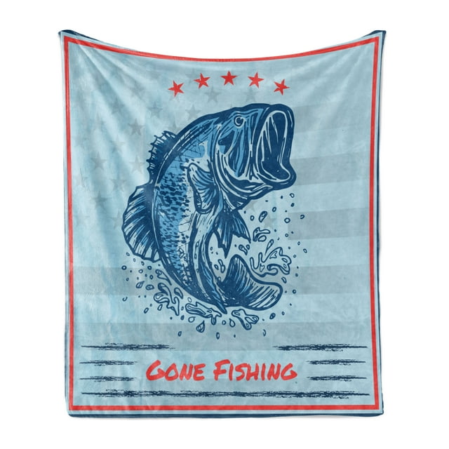 Fishing Soft Flannel Fleece Throw Blanket, Vintage Design Trout Fish Stars in American Flag Colored Frame Illustration, Cozy Plush for Indoor and Outdoor Use, 70" x 90", Multicolor, by Ambesonne