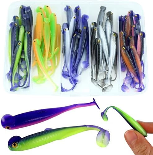 Fishing Soft Plastic Lures, Paddle Tail Swim Baits for Bass Fishing,Paddle Tail Swimbaits for for Bass Trout Walleye Lures, 30/50pcs Soft Plastic Baits with Box