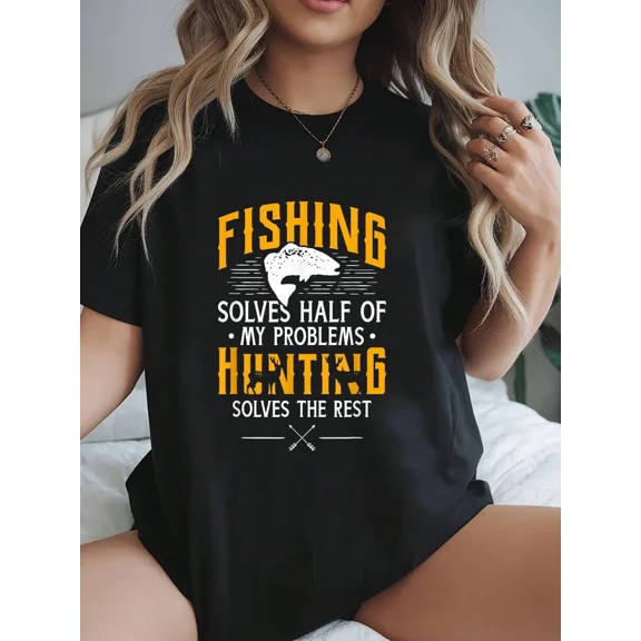 Fishing Solves Half My Problems Hunting Solves The Rest Graphic T-Shirt, Unisex Outdoor Short Sleeve Tee