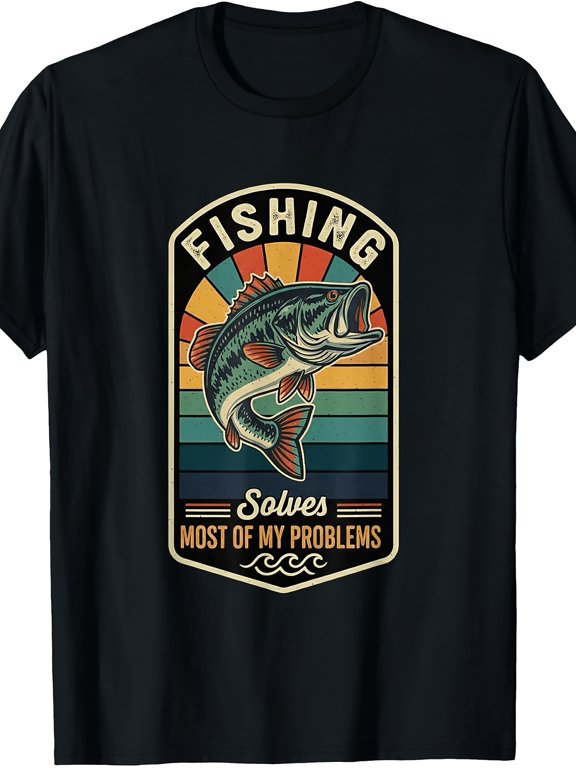 Fishing Solves Most Of My Problems Vintage Retro Bass Fish Graphic Unisex Casual Outdoor Hobby Gift Cotton Men's Women's Tee Shirt