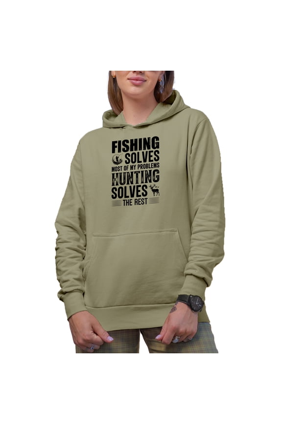 Fishing Solves Most of My Problems, Hunting Solves the Rest, Fisherman Hunter, Sand Hooded Sweatshirt or Hoodie, 3XL