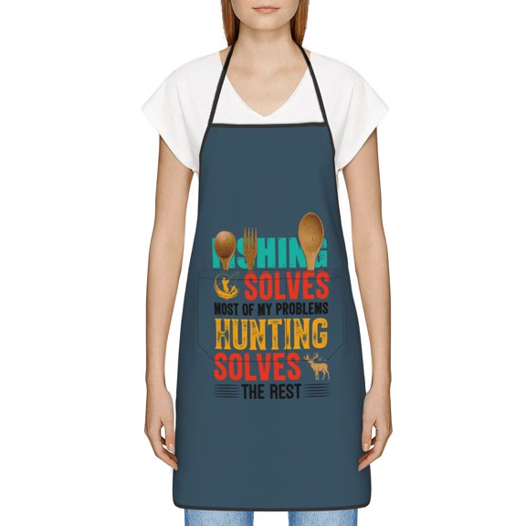 Fishing Solves Most of My Problems Hunting Solves The Rest Apron, Inspirational Gifts for Men Women, Funny Apron, Chef Bib with Pockets, Waterproof Work Apron for BBQ Kitchen Crafting Gardening
