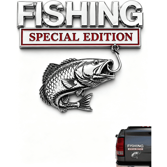 Fishing Special Edition 3D Metal Vehicle Emblem Badge, Chrome Fish Hook Decal for Truck SUV Boat Trailer Car Camper Toolbox, Peel Stick Angler Gift Outdoor Automotive Accessories(RL)