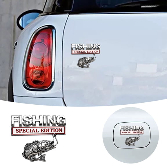 Fishing Special Edition Metal Car Emblem Badge, 3D Embossed Bass Fish Hook Sticker Decal, Self-Adhesive Waterproof Vehicle Ornament For Truck SUV Boat Trailer Anglers