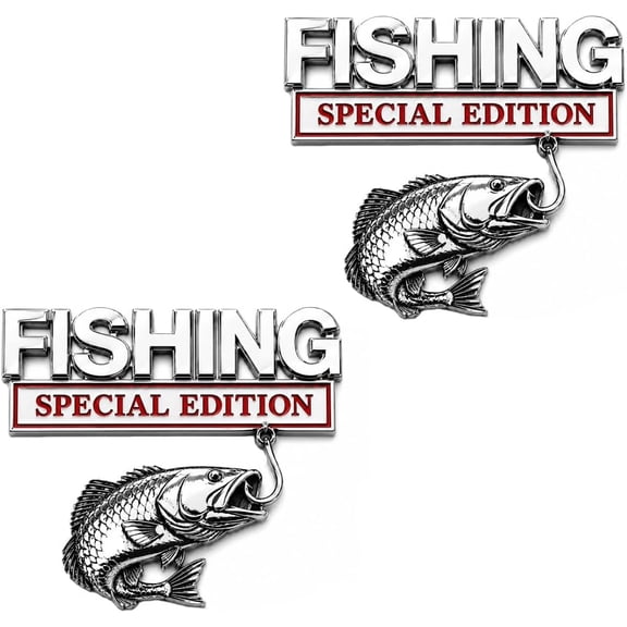 Fishing Special Edition Premium 3D Metal Vehicle Emblem Badge, Bass Fish Hook Design, Auto Decal for Truck SUV, Anglers, Self-Adhesive Exterior Decor, Fishing Badge(2PCS)