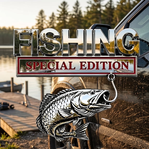 Fishing Special Edition Premium 3D Metal Vehicle Emblem Badge Chrome Fish Hook Design Car Decal Sticker for Truck SUV Boat Trailer Rv Anglers Gift Personalized Outdoor Car Exterior Decor