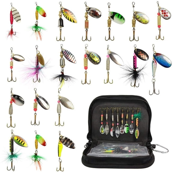 Fishing Spinner Kit 20PCS Metal Lures Bass Salmon Pike Walleye with Carry Bag