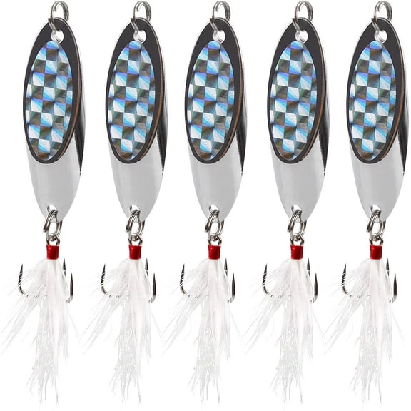 Fishing Spoon Lures Bass Metal Jigs, 5pcs Jigging Spoons with Feather Tail Treble Hooks Hard Metal Spoon Lures for Saltwater Freshwater Trout Salmon