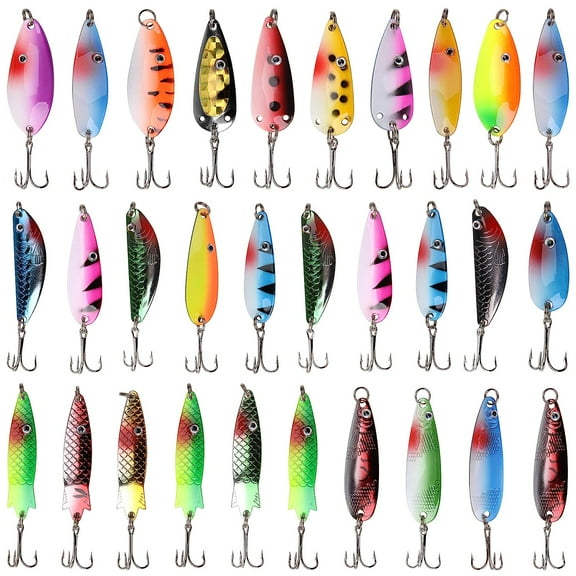 Fishing Spoons Metal Lures Kit, 30pcs Fishing Spoons Lures Colorful Fishing Spinners Baits Metal Spoon with Treble Hook for Pike Trout Salmon Bass Saltwater Freshwater Fishing
