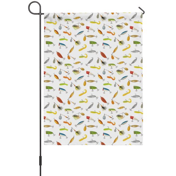 Fishing Sports Garden Flag 12 x 18 Inches, Colorful Fishing Lures Hooks Spinnerbaits Rustic Weather Proof Outdoor Patio Flags Double Sided Small Garden Decoration for Yard Outside Home