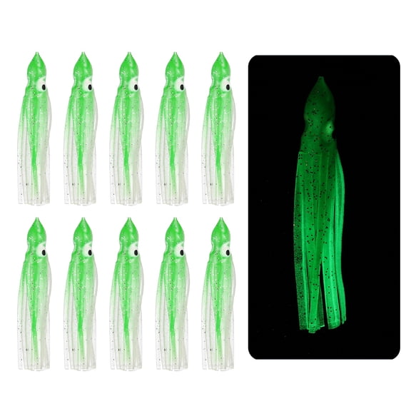 Fishing Squid Skirts, Glow Soft Plastic Trolling Lures Luminous 2.8 x 0.4 Inch & 10 Pcs & Clear/Green -Fitting for (Bass/Trout)