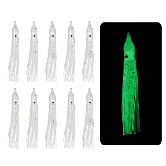 Fishing Squid Skirts, Glow Soft Plastic Trolling Lures Luminous 2 x 0.3 Inch & 10 Pcs & Clear -Fitting for (Bass/Trout)