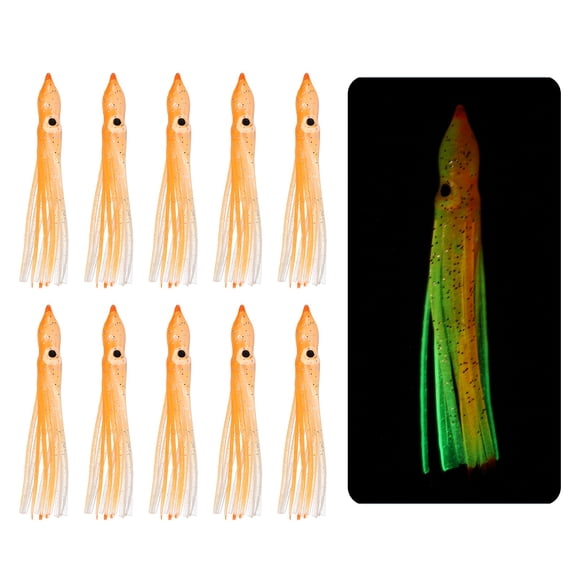 Fishing Squid Skirts, Glow Soft Plastic Trolling Lures Luminous 2 x 0.3 Inch & 10 Pcs & Clear/Orange -Fitting for (Bass/Trout)