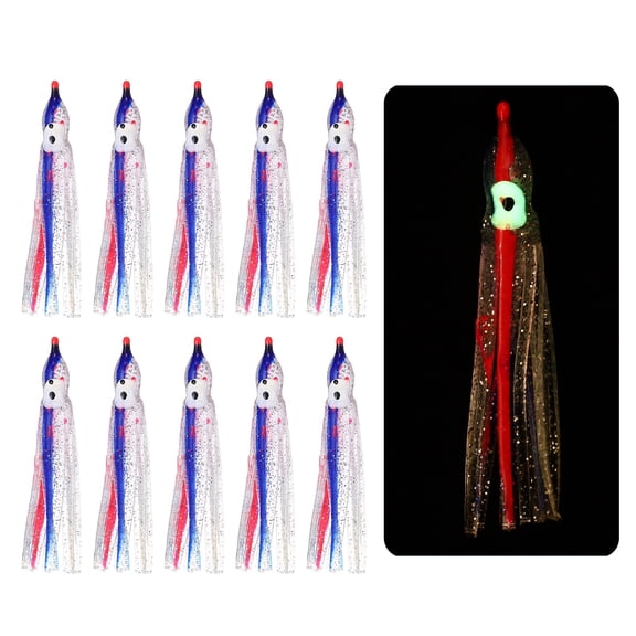 Fishing Squid Skirts, Glow Soft Plastic Trolling Lures Luminous 2 x 0.3 Inch & 10 Pcs & Clear/Pink/Blue -Fitting for (Bass/Trout)