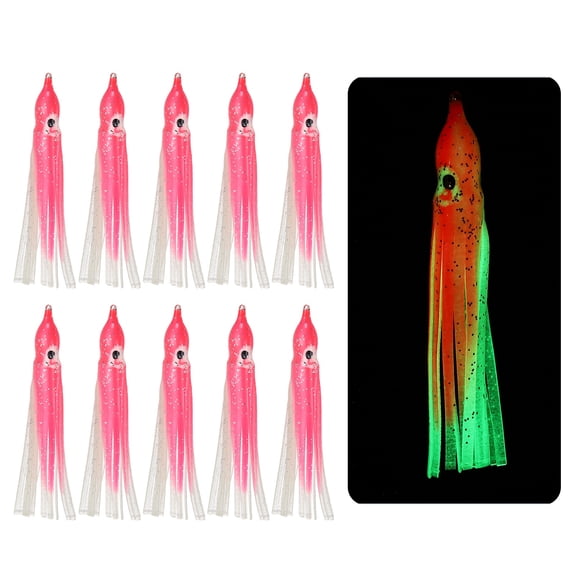 Fishing Squid Skirts, Glow Soft Plastic Trolling Lures Luminous 2 x 0.3 Inch & 10 Pcs & Clear/Pink -Fitting for (Bass/Trout)