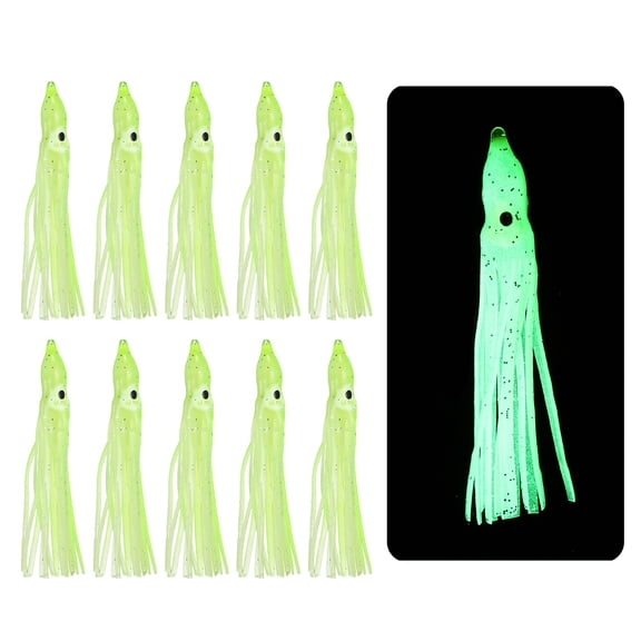 Fishing Squid Skirts, Glow Soft Plastic Trolling Lures Luminous 2 x 0.3 Inch & 10 Pcs & Clear/Yellow -Fitting for (Bass/Trout)