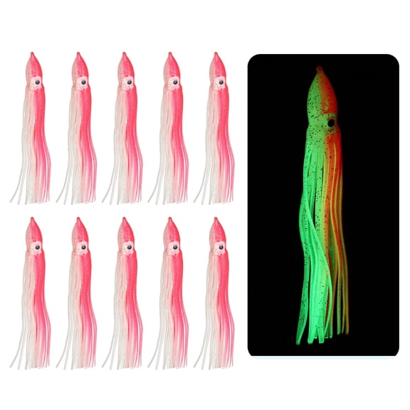 Fishing Squid Skirts, Glow Soft Plastic Trolling Lures Luminous 5.9 x 0.6 Inch & 10 Pcs & Clear/Pink -Fitting for (Bass/Trout)