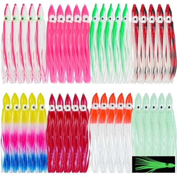 Fishing Squid Skirts Lures, 60pcs Luminous Octopus Skirts Trolling Lures Soft Plastic Fishing Bait Set for Bass Salmon Trout Multicolored 5cm,7cm 9cm,12cm