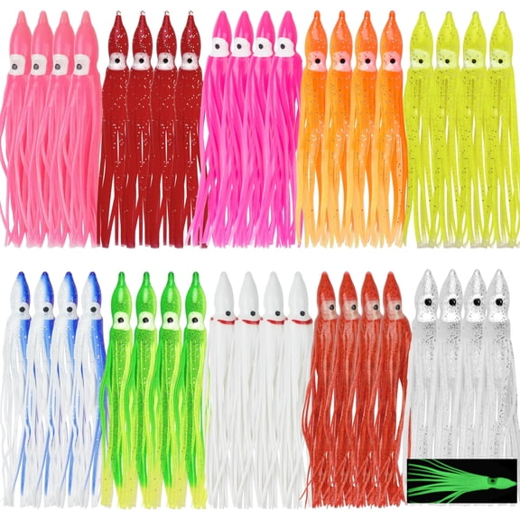 Fishing Squid Skirts Lures, 60pcs Luminous Octopus Skirts Trolling Lures Soft Plastic Fishing Bait Set for Bass Salmon Trout Multicolored 5cm,7cm 9cm,12cm