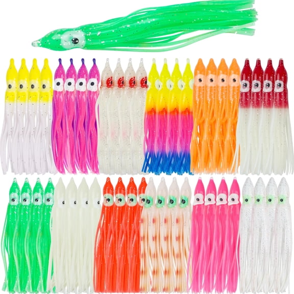 Fishing Squid Skirts Lures, 60pcs Luminous Octopus Skirts Trolling Lures Soft Plastic Fishing Bait Set for Bass Salmon Trout Multicolored 5cm,7cm 9cm,12cm