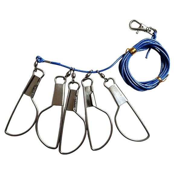 Fishing Stringer for Caught Fish with Several Flip-Over Fasteners for Temporary Retention and Transport Outdoors