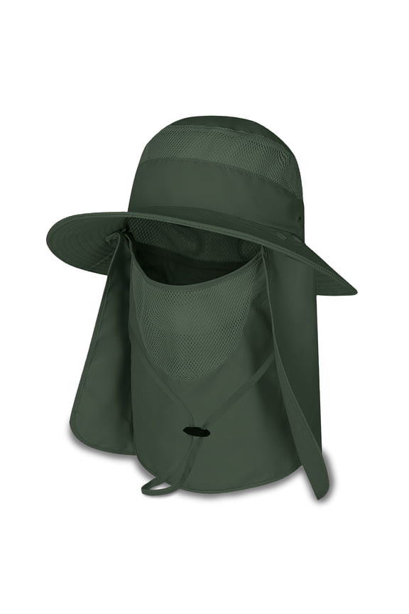 Fishing Sun Bonnie Bucket Hat Unisex Adult 360% UV UPF 50+ Solar Protection Lightweight Outdoor Summer Wide Brim Visor Cap with Detachable Neck Flap, Face Cover Mask, Windproof, For Beach, Army green