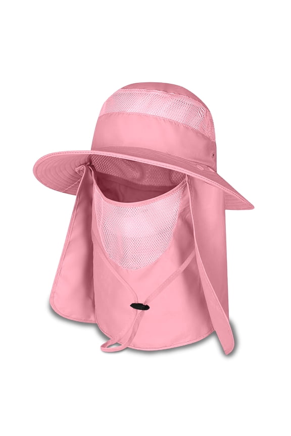 Fishing Sun Bonnie Bucket Hat Unisex Adult 360% UV UPF 50+ Solar Protection Lightweight Outdoor Summer Wide Brim Visor Cap with Detachable Neck Flap, Face Cover Mask, Windproof, For Beach, Light Pink