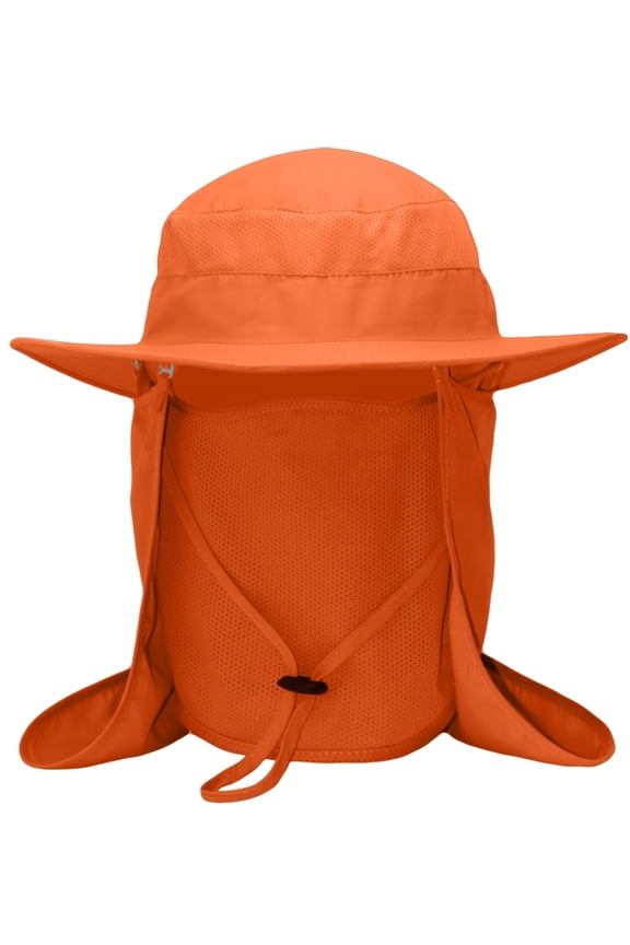 Fishing Sun Bonnie Bucket Hat Unisex Adult 360% UV UPF 50+ Solar Protection, Lightweight Outdoor Summer Wide Brim Visor Cap with Detachable Neck Flap, Face Cover Mask, Windproof, For Beach, Orange