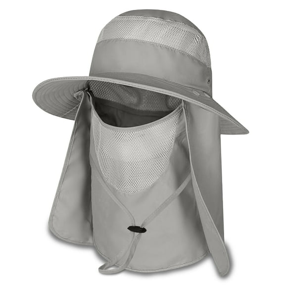 Fishing Sun Bonnie Bucket Hat Unisex Adult 360% UV UPF 50+ Solar Protection Lightweight Outdoor Summer Wide Brim Visor Cap with Detachable Neck Flap, Face Cover Mask, Windproof, For Beach, Light Grey
