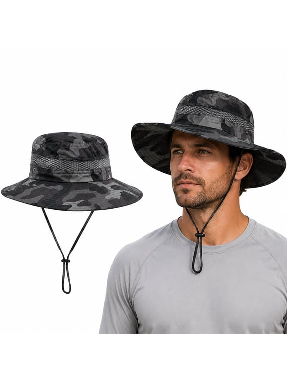 Fishing Sun Hat Boonie Hat Breathable Wide Brim Beach Sun Hat for Men Women Outdoor UPF 50+ Sun Protection Mesh Safari Cap for Travel Fishing Hiking Camping