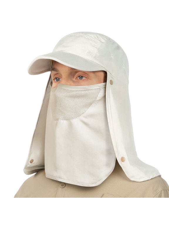 Fishing Sun Hat with Neck Flap for Men Women UPF 50+ UV Protection Head Cover, Outdoor Bush Bucket Cap with Face Covering for Hiking Running Mowing Farming, Cream