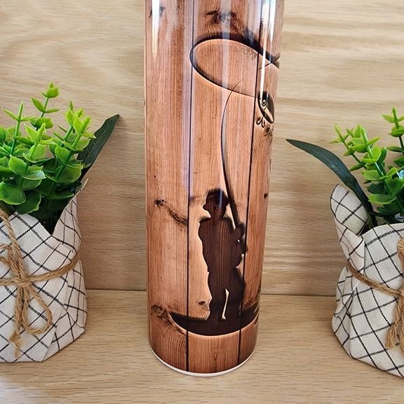 Fishing Sunset 20 oz Skinny Tumbler, Wooden Plank Design