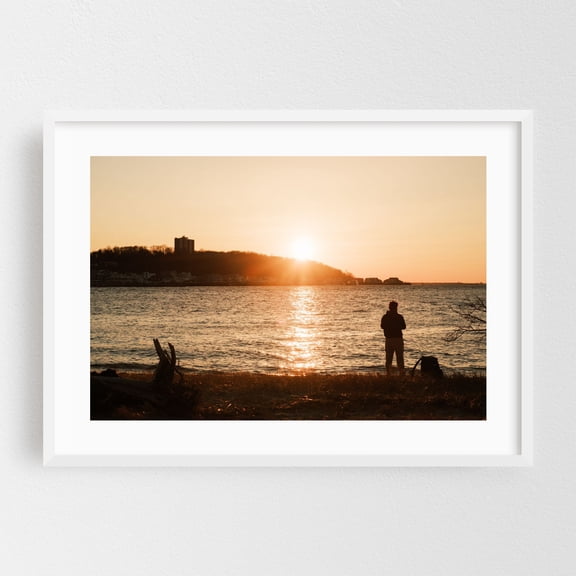 Fishing at Sunset, Sandy Hook 01 - New Jersey Photography Sunset Silhouette Seascape Coast Beach Water Landscape White Framed Wall Art Print 24 x 36 inches
