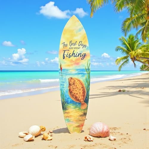 Fishing Surfboard Wall Art - Outdoor PVC Beach House Decor, The Best Days are Spent Fishing, Coastal Surfboard Sign (4 Foot)