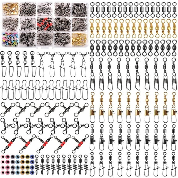 Fishing Swivels Kit 190pcs Fishing Accessories Tackle Ball Bearing Swivels, Rolling Barrel Swivel Snap, Three Way Crossline Swivel, Duo Lock Snap for Bass Trout Saltwater Freshwater Fishing Tackle