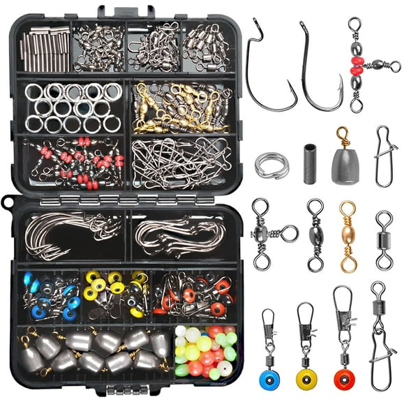 Fishing Swivels Snaps Kit 226pcs/Box Barrel Rolling Swivels Snaps Sinker Weights Crossline Three Way Swivel Split Rings Line Beads Duo Lock Snaps Freshwater Saltwater Fishing Tackle Set
