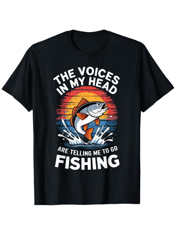 Fishing T Shirt The Voices In My Head Are Telling Me To Go Fishing Vintage Retro Sunset Fish Graphic Humor Outdoor Hobby Gift Cotton Men's Women's Tee Shirt